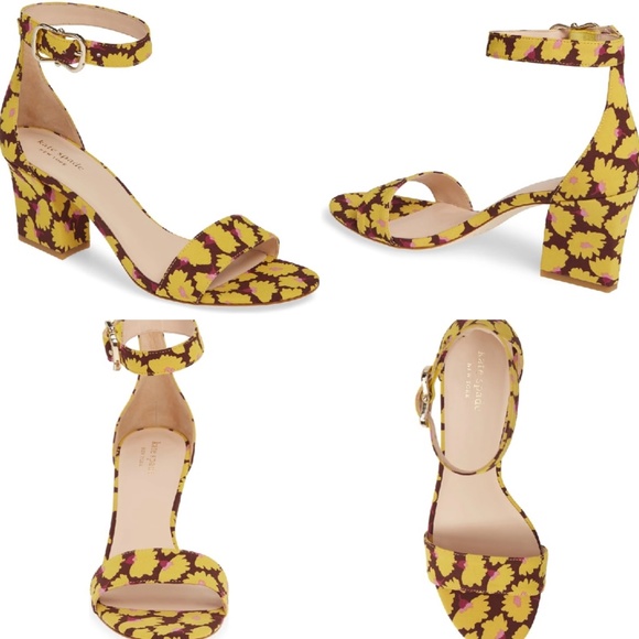 Kate Spade Susane Rich Fudge Sandals Floral Yellow Ankle Strap Block Heel Pumps - Picture 2 of 11
